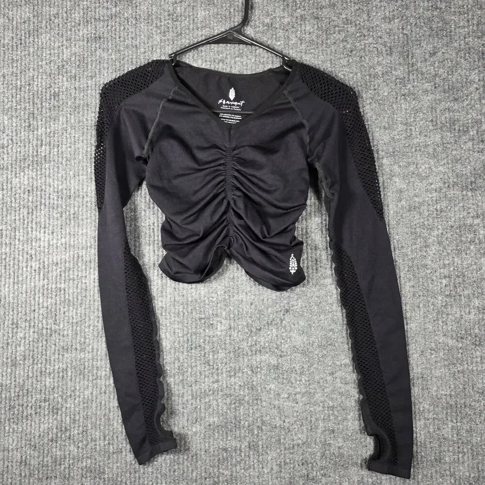 Free‎ People Movement Black Ruched Crop Top Mesh Sleeve XS/S